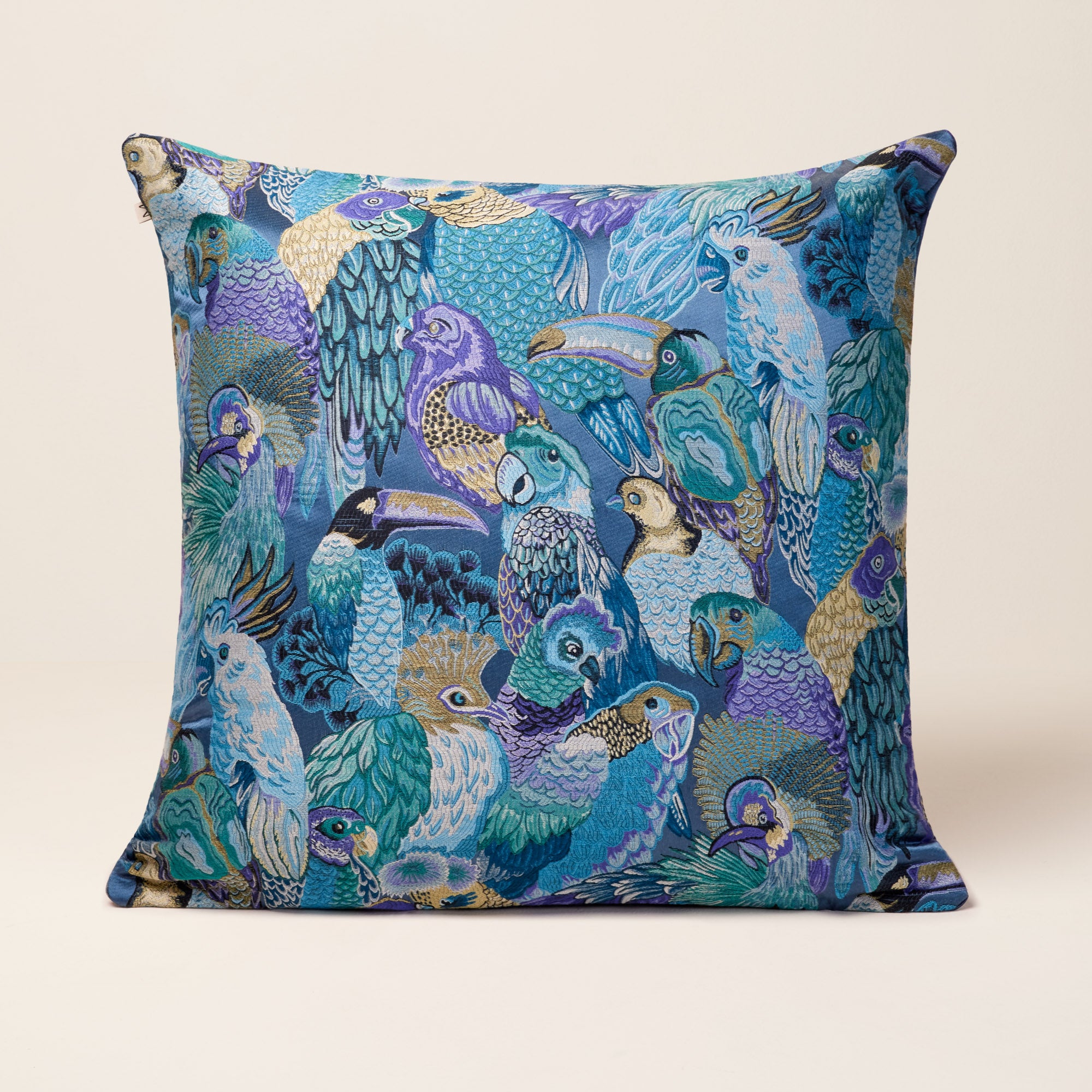 Jungle Birds cobalt blue cushion cover